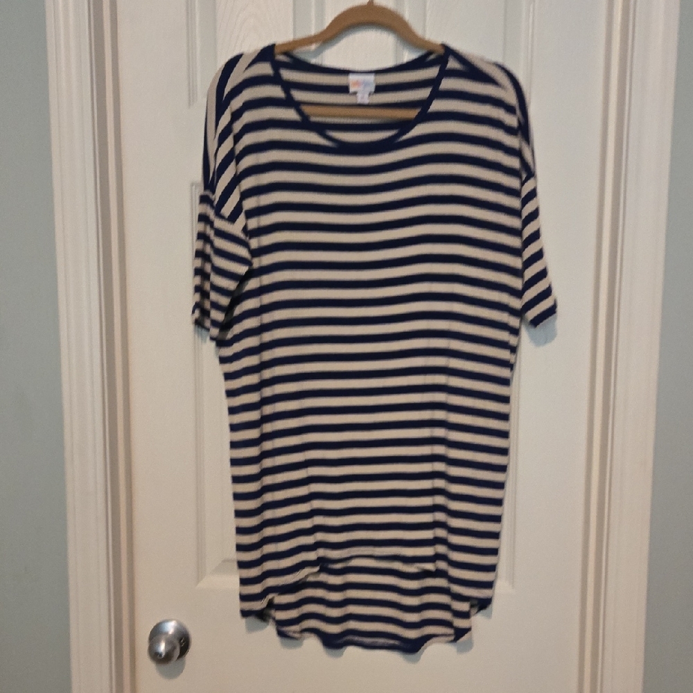 LuLaRoe Navy and Cream Striped Tunic With Hi Low Hem